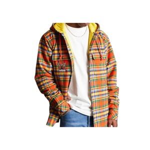 Teddy Fresh Embroidered Plaid Flannel Hoodie Shacket Lined Size XL Orange
